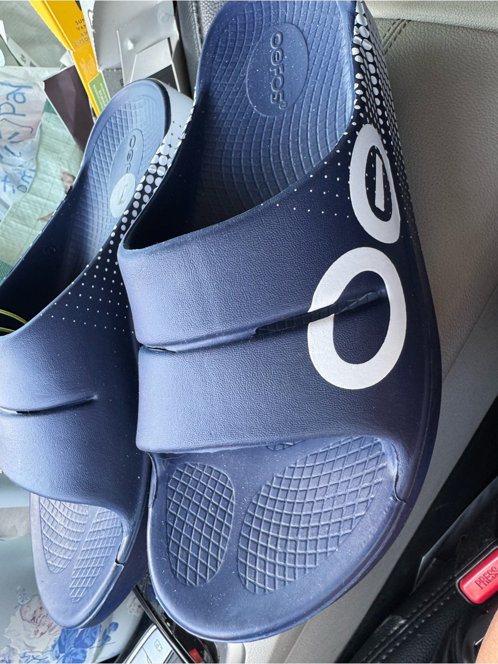 OOFOS Navy Slides with White Logo Accents